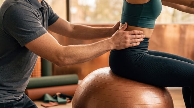 Close up of physical therapist hands supporting woman back on fitball, rehabilitation and spine care treatment in wellness center