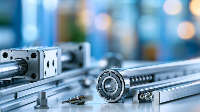 Linear recirculating bearing components displayed on a clean workbench, including carriage, steel raceways, ball return channels, and a lubrication nozzle, precision engineering