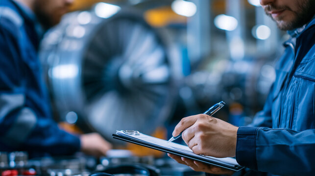 Faceless aircraft maintenance technician inspecting engine parts inside a workshop, precision technical service concept, with copy space