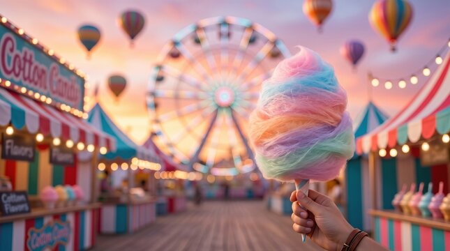 Hand holding colorful rainbow cotton candy cone at amusement park carnival fair ground with ferris wheel and hot air balloons at sunset