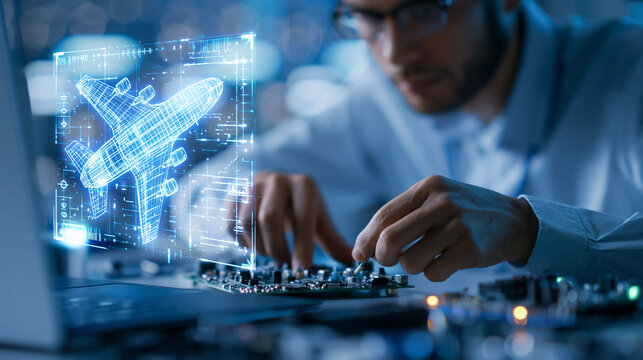 Engineer repairing a circuit board while analyzing an aircraft blueprint hologram, defense technology development and hardware engineering concept, aerospace systems design, with
