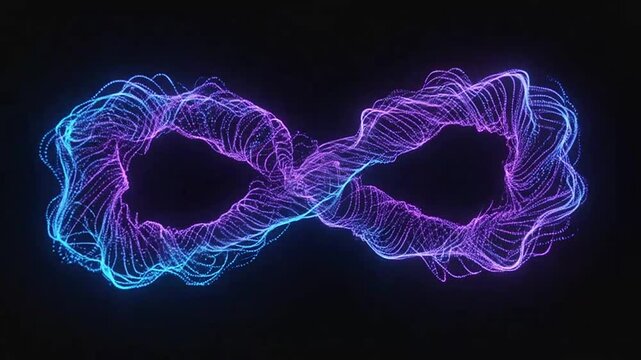 Glowing purple and blue neon infinity symbol wireframe.