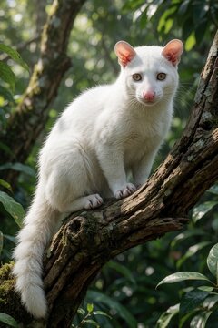 White civet cat sits on tree branch in forest. Wild mammal with fluffy fur looking at camera from wood trunk. Rare albino creature relaxing inside green woods. Small carnivore animal outdoors in