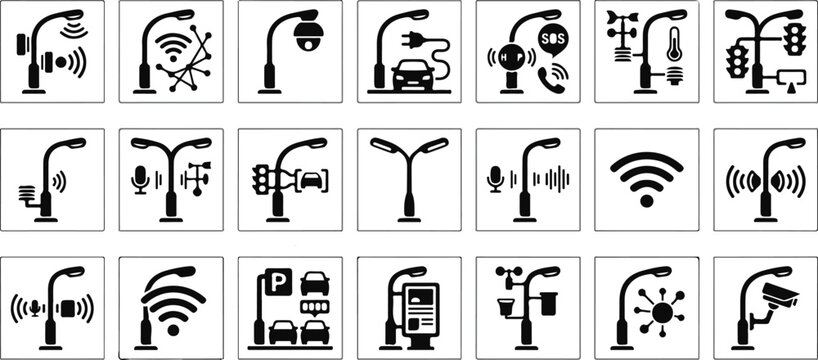 Premium smart city infrastructure lamp post icon set featuring intelligent urban lighting technology in a minimalist black silhouette