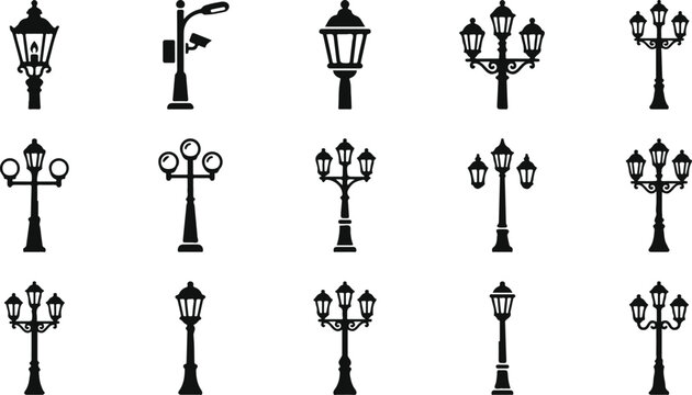 Collection of decorative street lamp posts and vintage outdoor lighting fixtures in a detailed black icone set silhouette