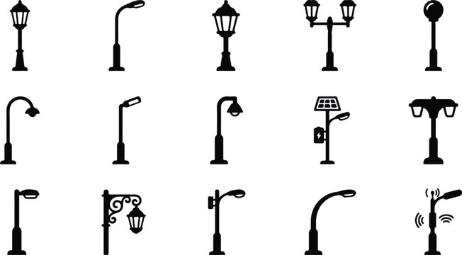 Collection of various outdoor street lighting fixtures presented as a professional graphic design icone set in black silhouette