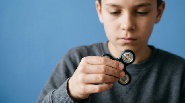 Boy focused while spinning a fidget spinner against a blue background  