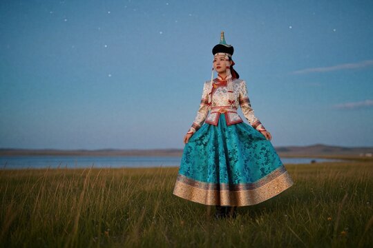 Young Mongolian woman in traditional deel and headdress stands in grassy field by lake. Clear blue sky at dusk with faint stars. Her ornate blue skirt and patterned jacket show rich cultural heritage.