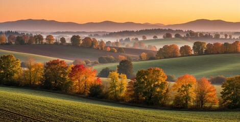 Obraz premium Panoramic view of rural farmland landscape in autumn. Rolling green hills with colorful foliage trees during sunset under golden sky. Mist settles in valley between mountains. Nature scenery features