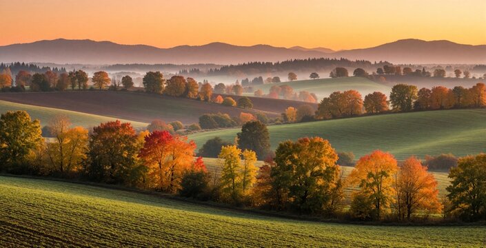 Panoramic view of rural farmland landscape in autumn. Rolling green hills with colorful foliage trees during sunset under golden sky. Mist settles in valley between mountains. Nature scenery features
