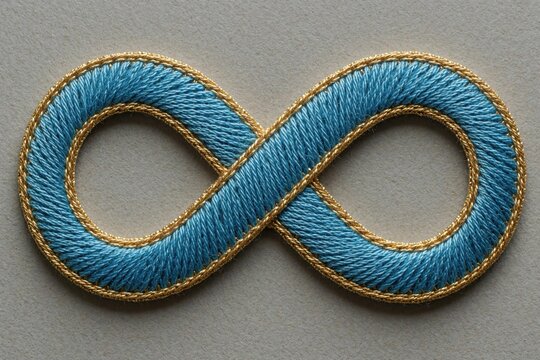 Blue infinity symbol embroidery with gold trim on textured background. Elegant textile art represents eternity, limitless, endless loops. Perfect for design projects needing symbolic elegance