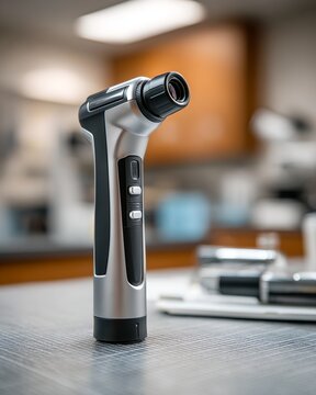 A close-up shot of a modern otoscope, a medical device used for examining the ear canal and eardrum, resting on a counter in a clinical setting