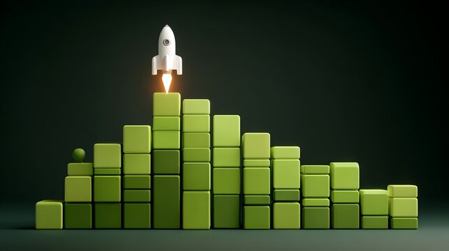 A rocket launch illustration atop a growing bar graph made of green blocks, symbolizing progress and startup success