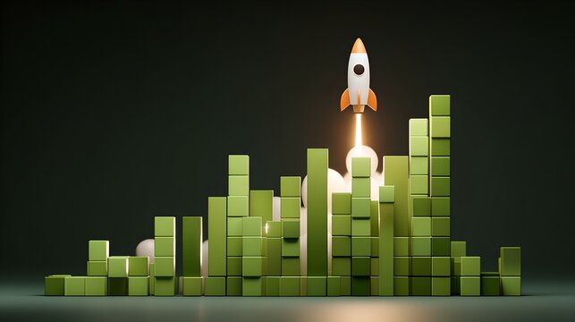 A rocket launching upwards amidst a landscape of green blocks, symbolizing growth and progress. The fiery exhaust and billowing smoke create a dynamic sense of motion and achievement