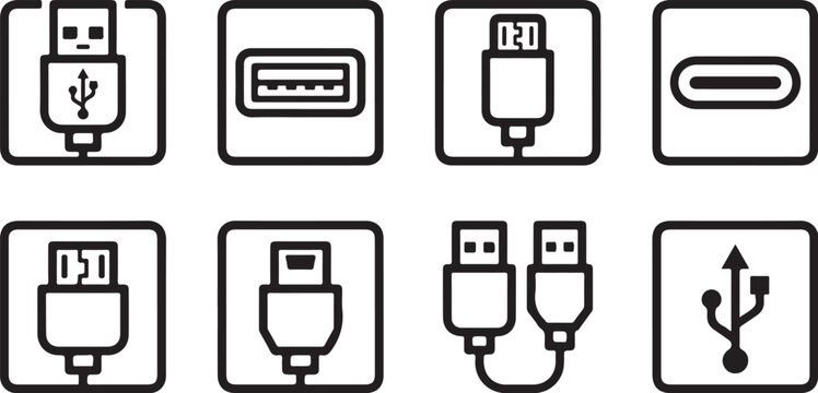 Usb and connector types icon set collection