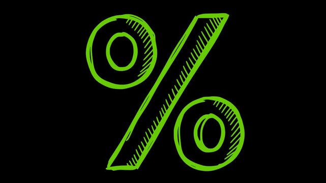 animated green percentage symbol with hand drawn sketch style and line boil effect on transparent background