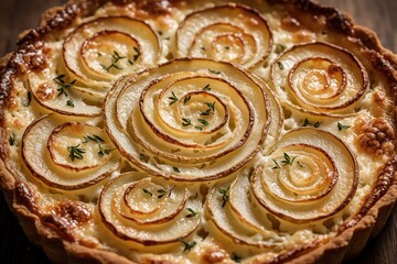Fototapeta premium Golden baked potato tart with swirls of cheese and herbs. Flaky pastry crust filled with creamy potato layers and fresh green thyme sprigs. Delicious homemade savory bake ready for serving.