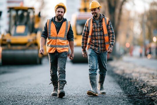 Two professional construction workers walking together on roadwork site