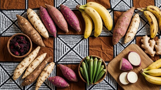 Assortment of fresh West African root vegetables, tropical fruits arranged on traditional brown mud cloth fabric. Raw yam cassava plantain sweet potato okra ginger hibiscus flowers display colorful