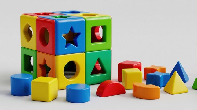 Multi colored educational shape sorter toy cube on white background. Plastic blocks with different geometric forms like stars circles triangles squares. Toddler development puzzle game for kids