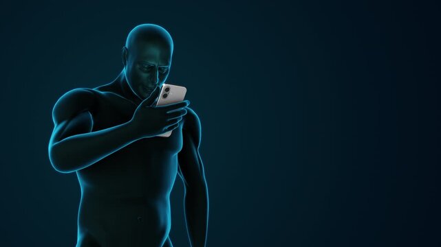 Human experiencing text neck pain due to poor posture while using smartphone with copy space