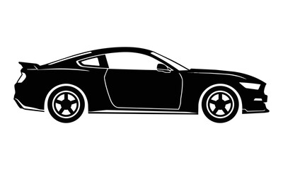 Naklejka premium Black silhouette of a sleek sports coupe in a simple flat graphic style, isolated on white. Automotive concept