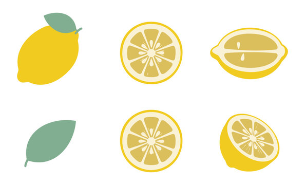 Minimalist lemon fruit collection featuring whole slices segments and green leaves vector set with lemon illustrations