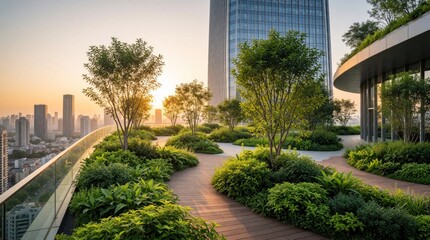 Obraz premium Modern rooftop garden on skyscraper terrace at golden sunset. Green plants, trees grow in urban landscape. City skyline view glows in soft evening light. Eco friendly architecture design provides