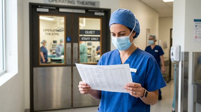 Consulting a printed surgical roster before entering the operating theater for briefing