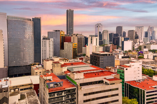 Aerial view of Mexico City skyline bat sunset. Mexico City is the capital and largest city of Mexico, as well as the most populous city in North America.