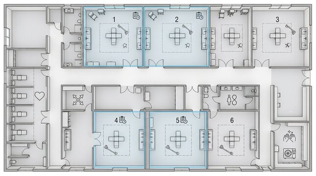 Overhead view of a surgical suite floor plan with theaters marked for the day's briefings