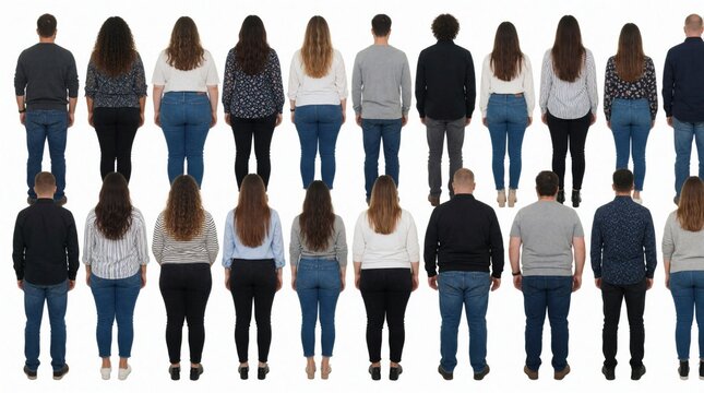 Group of diverse men and women stand in rows facing away from camera on white backdrop. People show different body types, ages, and ethnicities in casual outfits.