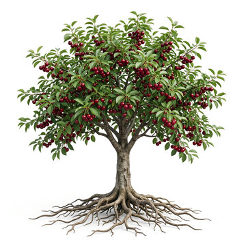 Balaton Cherry tree, mature full tree bearing dark ruby-red Balaton sour cherries, exposed visible roots, 11 ratio, isolated on seamless pure white background