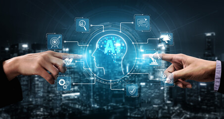 Fototapeta premium Hands Engaging in Digital Interaction with Artificial Intelligence Concept Surrounded by Futuristic Elements and Urban Skyline Background Sigmoid