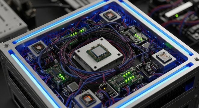Intricate network of electronic components and vibrant blue illumination forms a powerful computational core, suggesting advanced technology, sophisticated engineering, and cutting-edge data