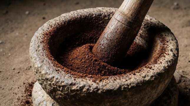 Stone mortar and wooden pestle grind coffee beans into fine powder. Traditional Indonesian lumpang creates rustic coffee grounds for morning brew. Earthy texture.