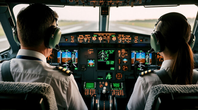 Pilot and student pilot in cockpit. They wear headsets communicating during flight preparation for take off. Modern aircraft instrument panel glows.