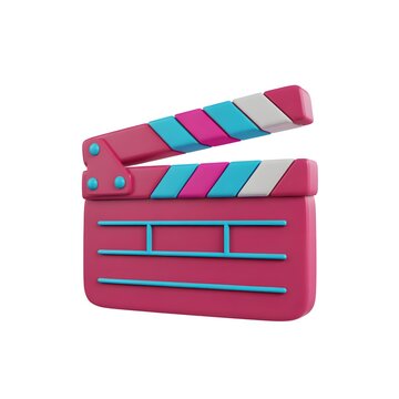 Colorful 3D clapper board with pink blue and white stripes isolated