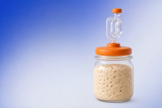 Sourdough starter in a glass jar with airlock on blue copy space background
