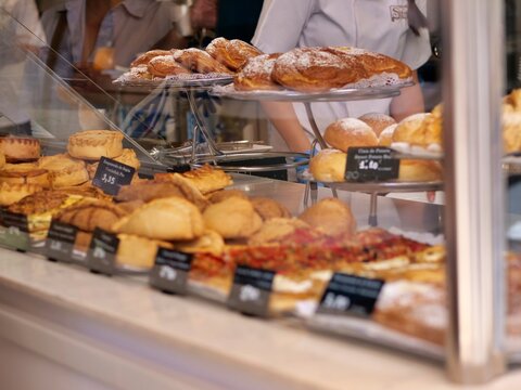 Freshly Baked Mallorcan Pastries in Glass Bakery Display Case