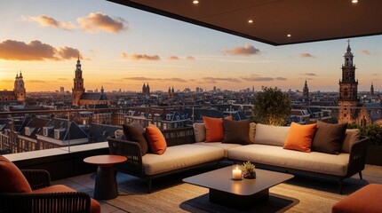 Obraz premium Modern rooftop terrace offers panoramic city views during sunset. Comfortable seating and soft lighting create a serene ambiance. Rooftop lounge area perfect for relaxation and evening gatherings.