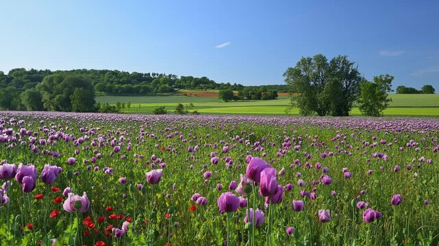 Ein bl&uuml;hendes Feld mit lila Mohnblumen vor einer h&uuml;geligen, gr&uuml;nen Landschaft unter einem blauen Himmel, Schlafmohn (Papaver somniferum), Zellingen, Mainfranken, Unterfranken, Bayern, Deutschland