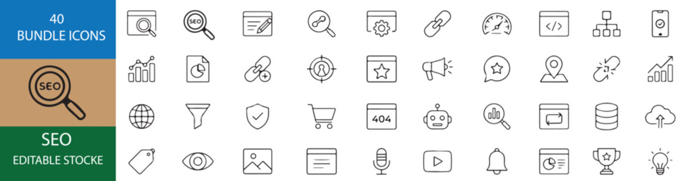 40 SEO Vector Outline Icons Set &ndash; Editable Search Engine Optimization Line Symbols Collection, Digital Marketing UI UX Icon Bundle, Web Analytics and Website Optimization Isolated on White Background 