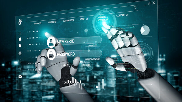 Futuristic Robotic Hands Interacting with Digital Interface Touching Password and User ID Fields in Cyber Environment Haptic.