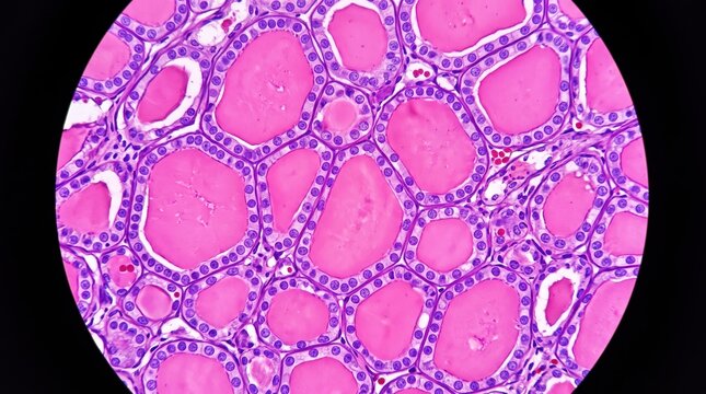 Microscopic view of human thyroid gland tissue cells