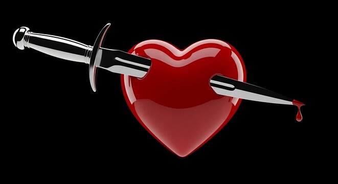 Glossy Red Heart Pierced by Silver Dagger on Black Background
