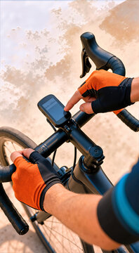 High angle close up of a cyclist wearing orange gloves adjusting a digital bicycle computer on matte black handlebars. Professional road bike cockpit with GPS navigation device and brake levers