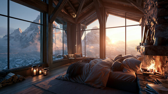 Luxury Mountain Bedroom with Fireplace and Alpine Views
