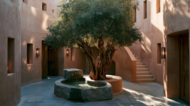 Ancient Olive Tree in Mediterranean Courtyard