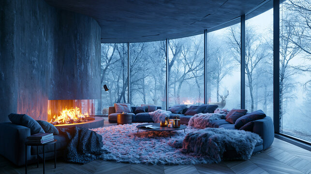Luxury Winter Retreat by Fireplace with Forest View